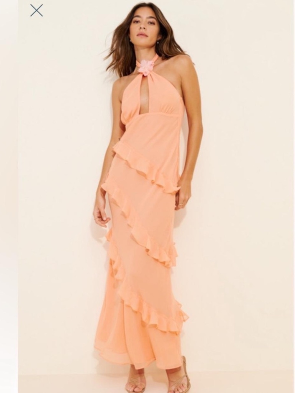 For Love and Lemons x Nuuly Kamory Peach Ruffle Halter Maxi Dress